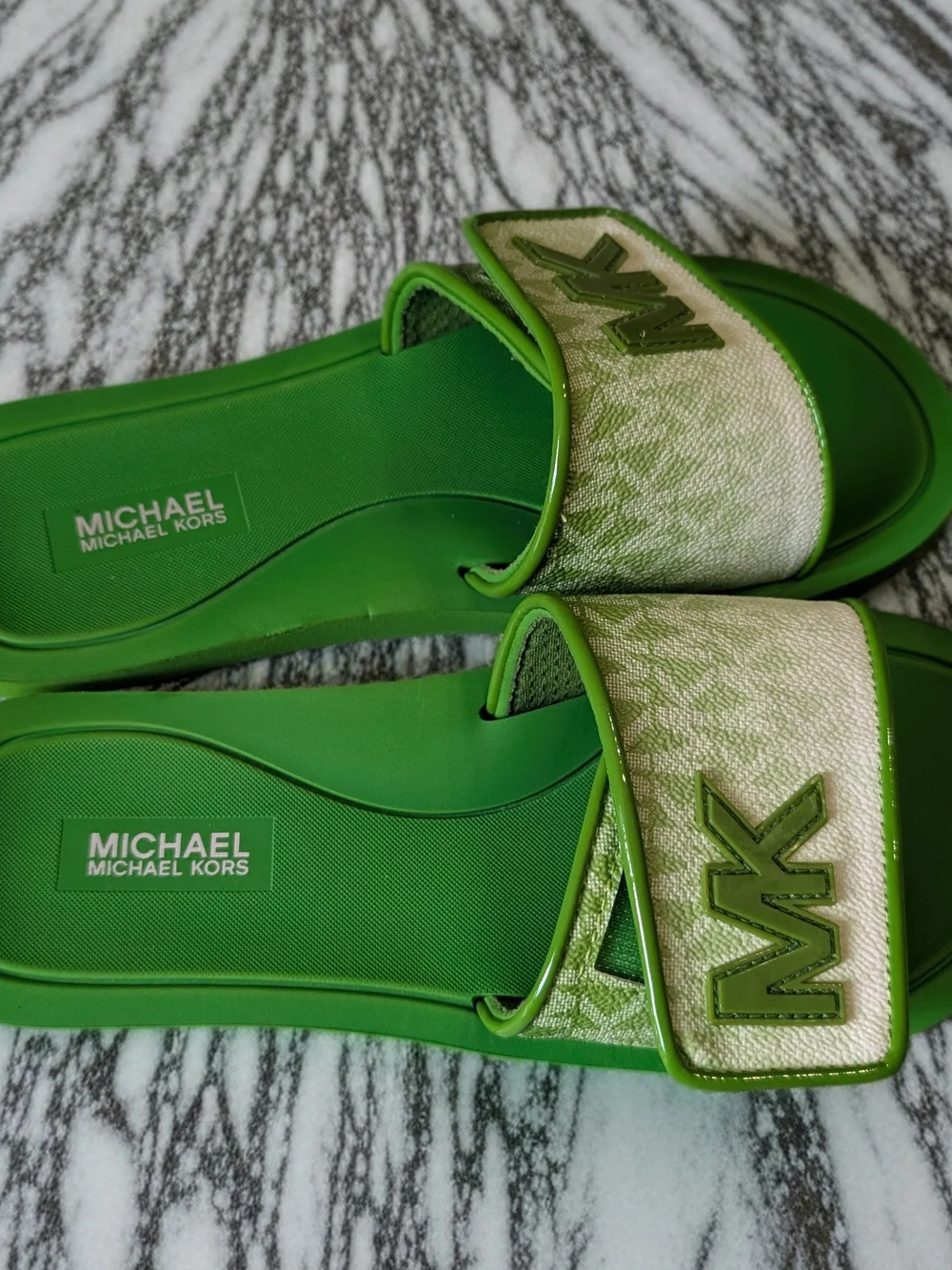 Michael Kors Palmer Ombré Signature Logo Slide Sandals in the Jungle Green color